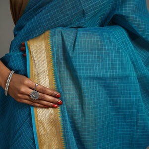 Blue - Checks Zari Dobby Cotton Handloom Saree 25