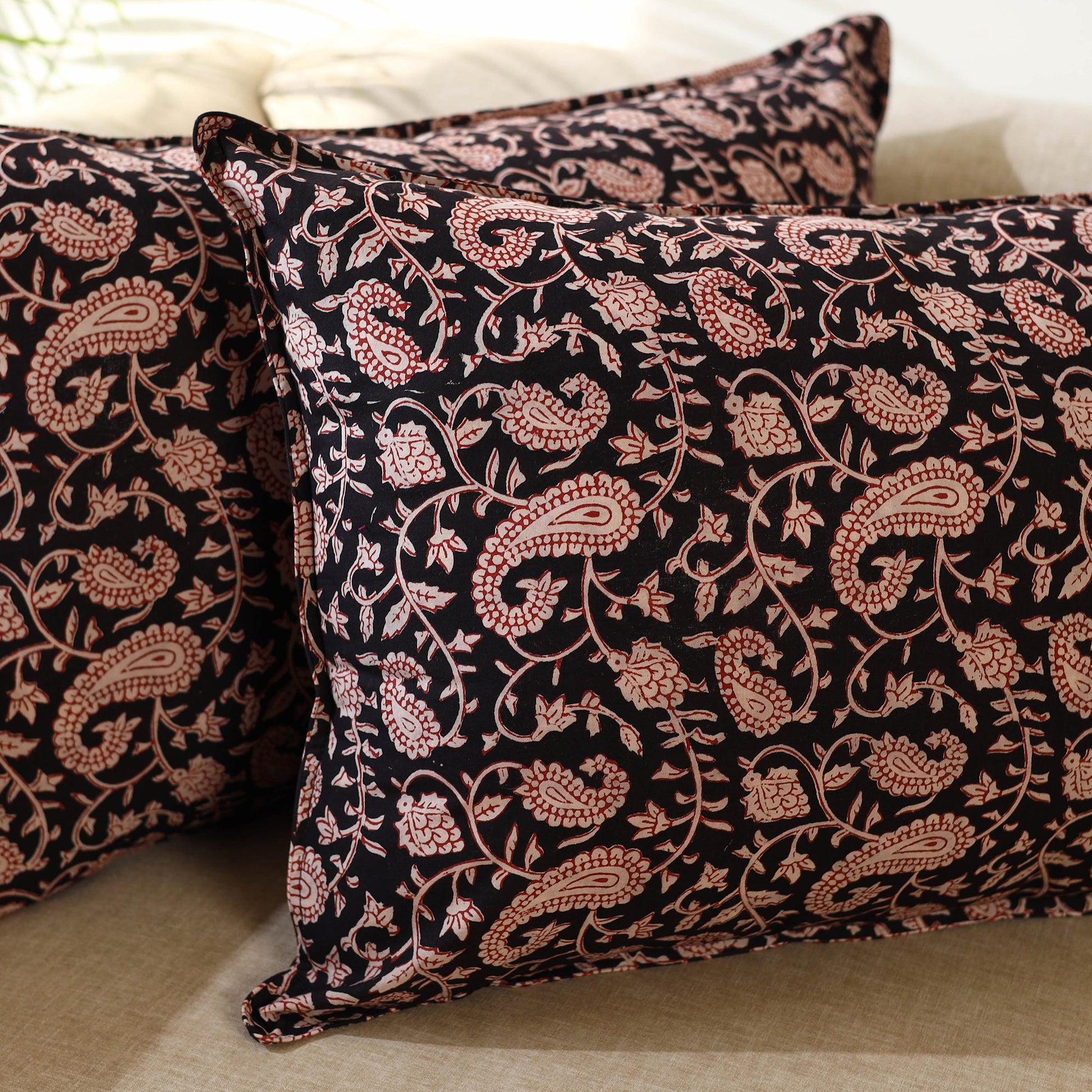 Black - Set of 2 Bagru Block Print Cotton Pillow Covers 15