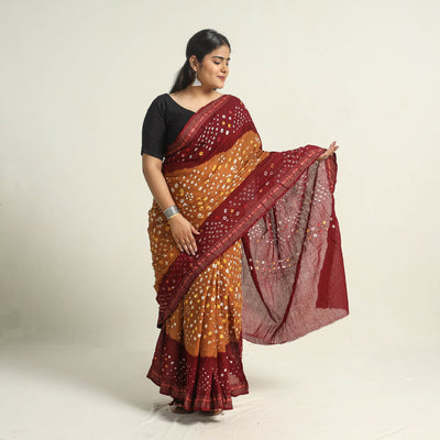 Brown - Kutch Tie-Dye Cotton Bandhani Saree with Blouse Piece 48