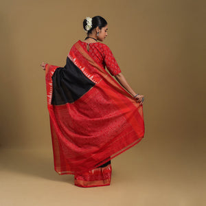 Black - Handspun Handloom Tussar Silk Pochampally Ikat Saree 03