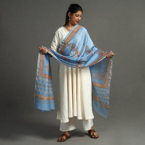 Blue - Block Printed Chanderi Silk Sanganeri Dupatta 64