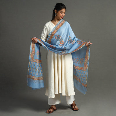 Blue - Block Printed Chanderi Silk Sanganeri Dupatta 64