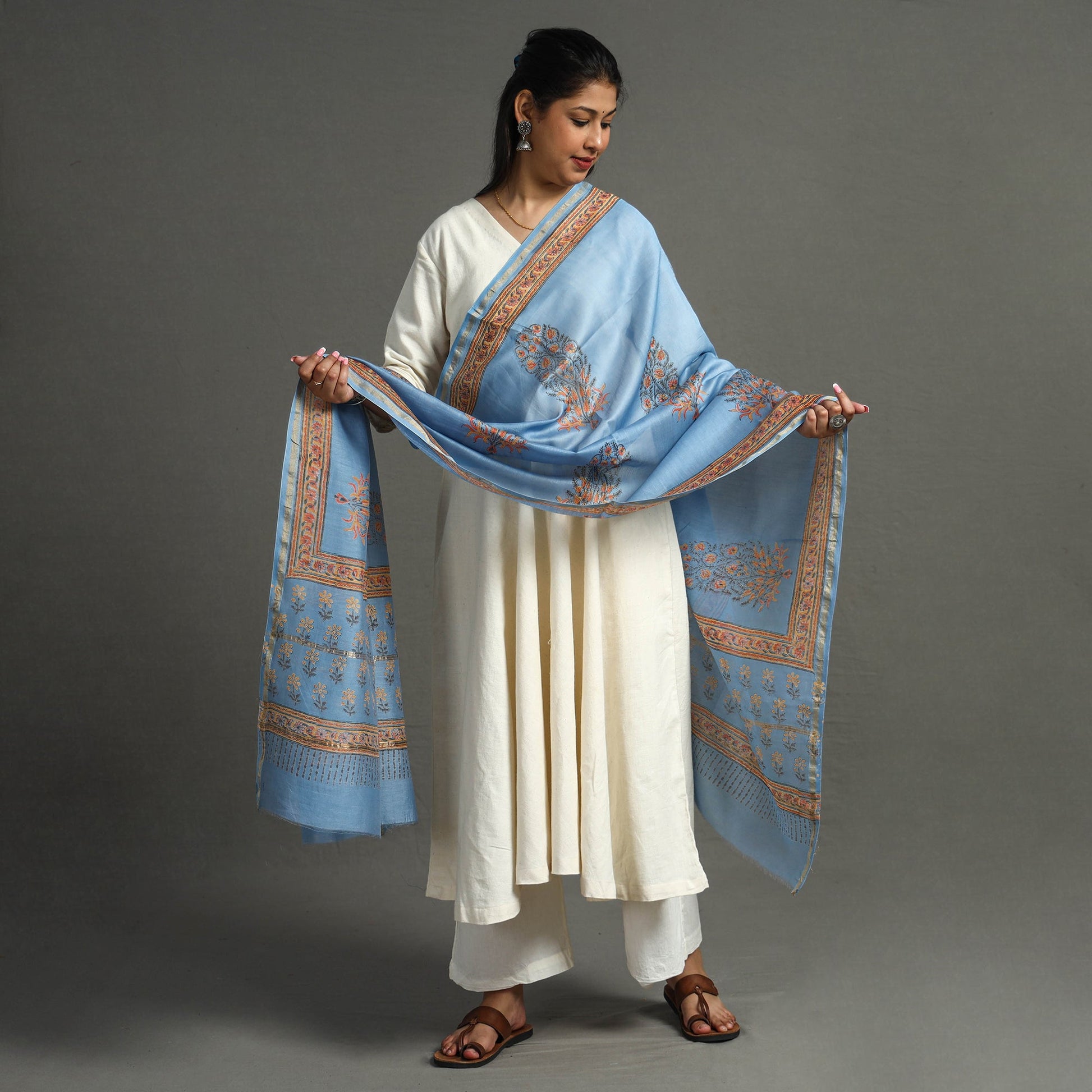Blue - Block Printed Chanderi Silk Sanganeri Dupatta 64