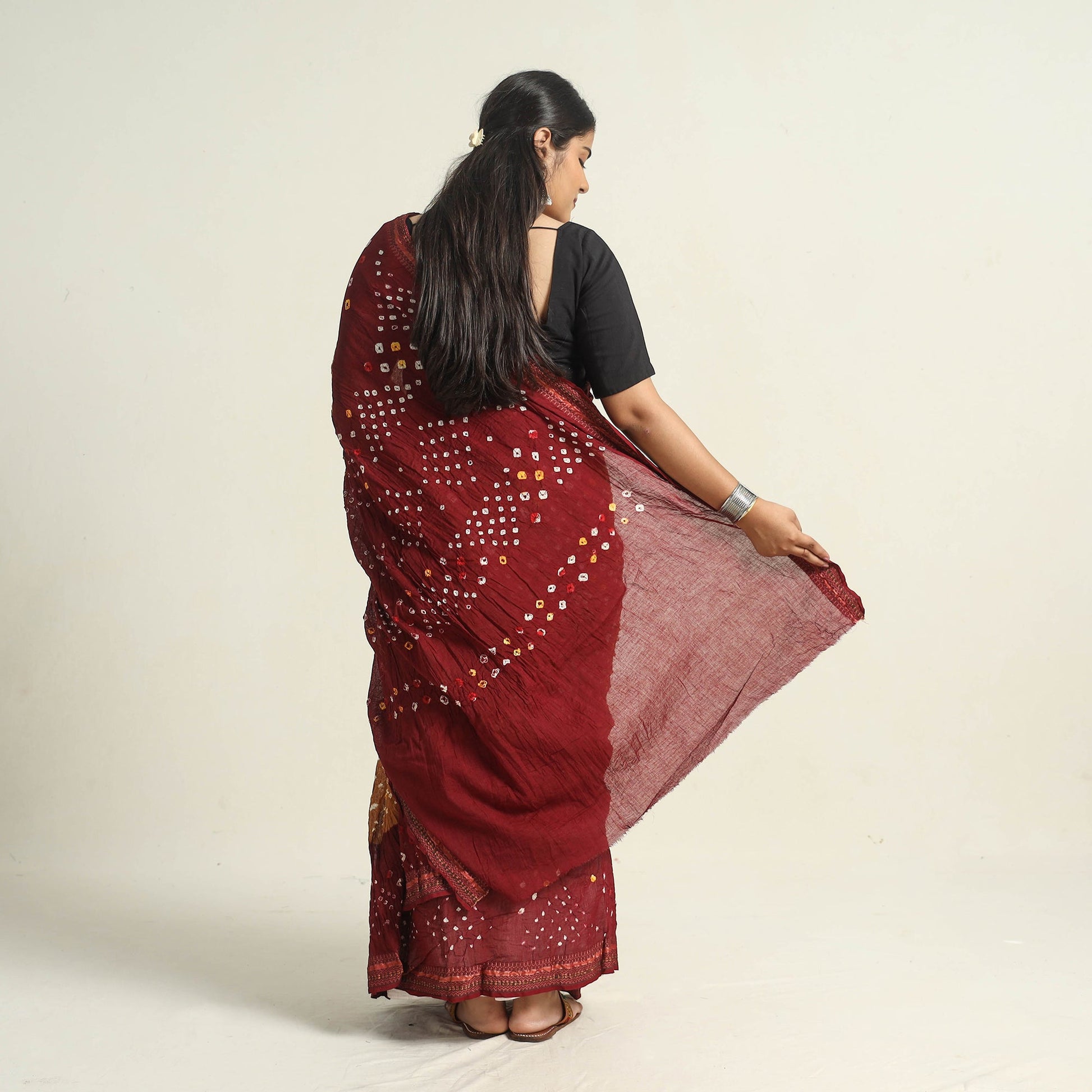 Brown - Kutch Tie-Dye Cotton Bandhani Saree with Blouse Piece 48