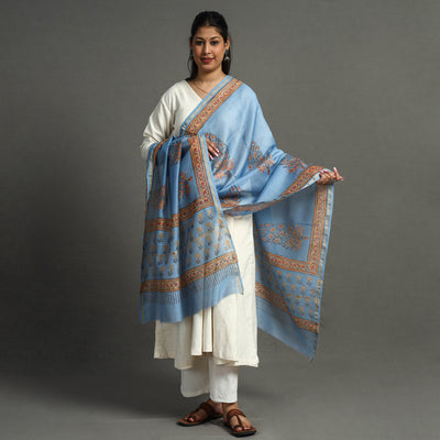 Blue - Block Printed Chanderi Silk Sanganeri Dupatta 64