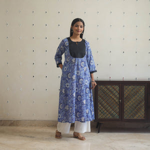 Blue - Block Print Cotton Patchwork A-Line Sanganeri Kurta 08