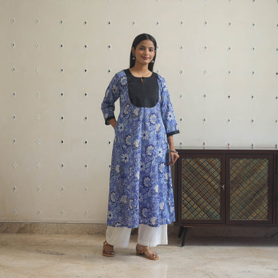 Blue - Block Print Cotton Patchwork A-Line Sanganeri Kurta 08