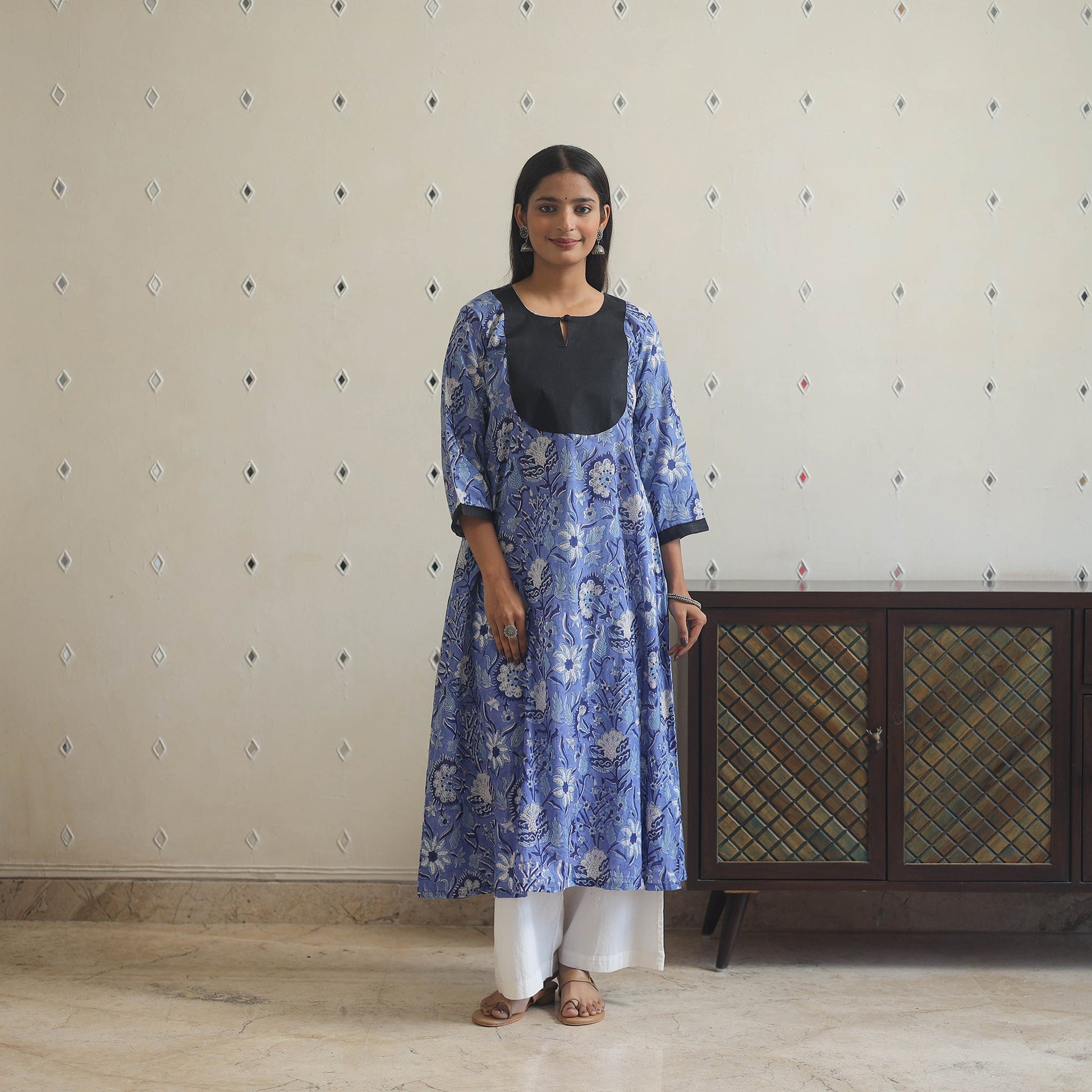 Blue - Block Print Cotton Patchwork A-Line Sanganeri Kurta 08