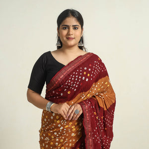 Brown - Kutch Tie-Dye Cotton Bandhani Saree with Blouse Piece 48