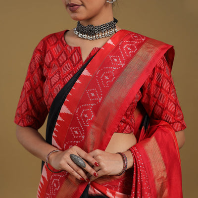 Black - Handspun Handloom Tussar Silk Pochampally Ikat Saree 03