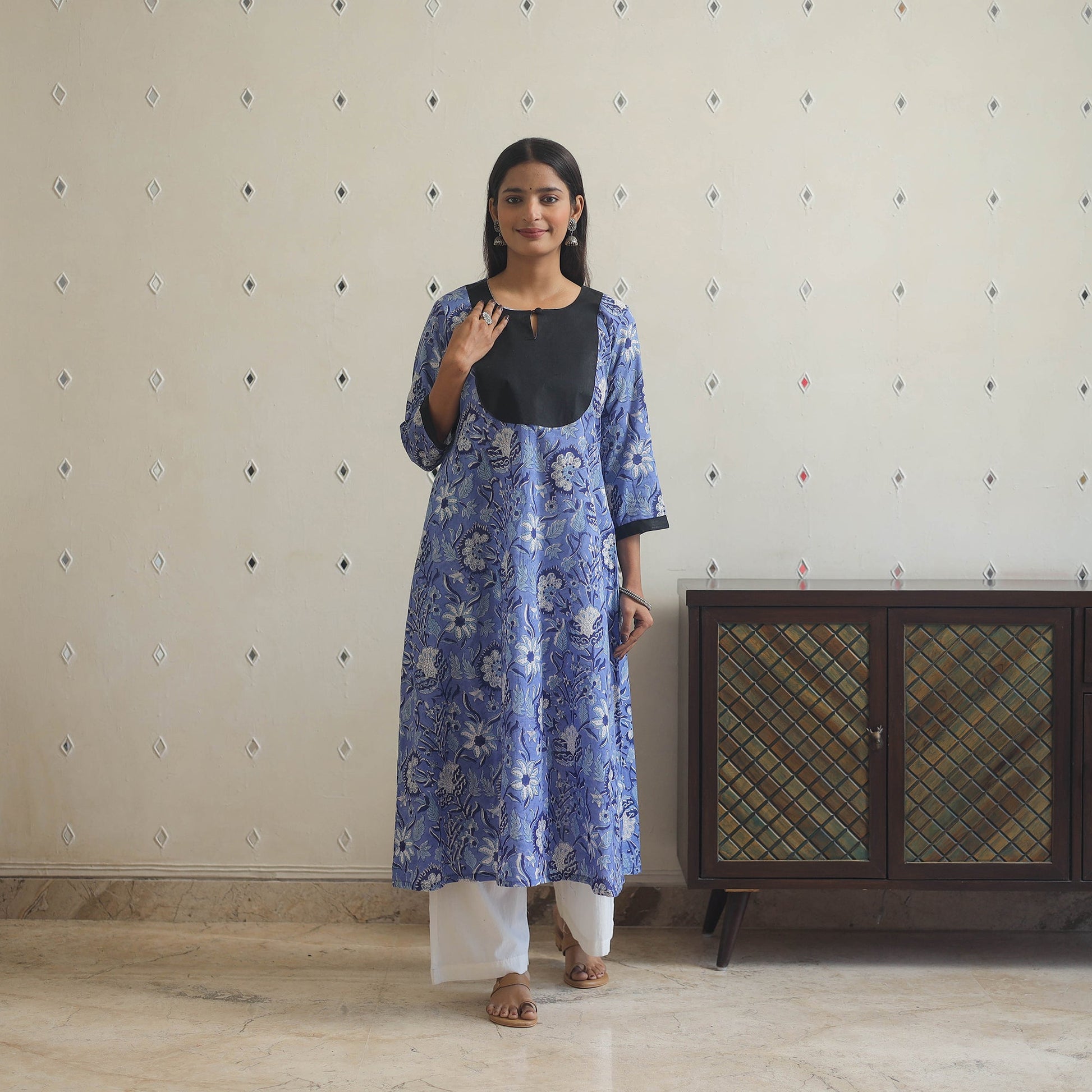Blue - Block Print Cotton Patchwork A-Line Sanganeri Kurta 08