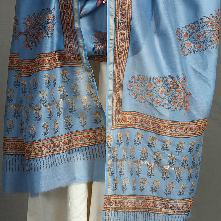 Blue - Block Printed Chanderi Silk Sanganeri Dupatta 64