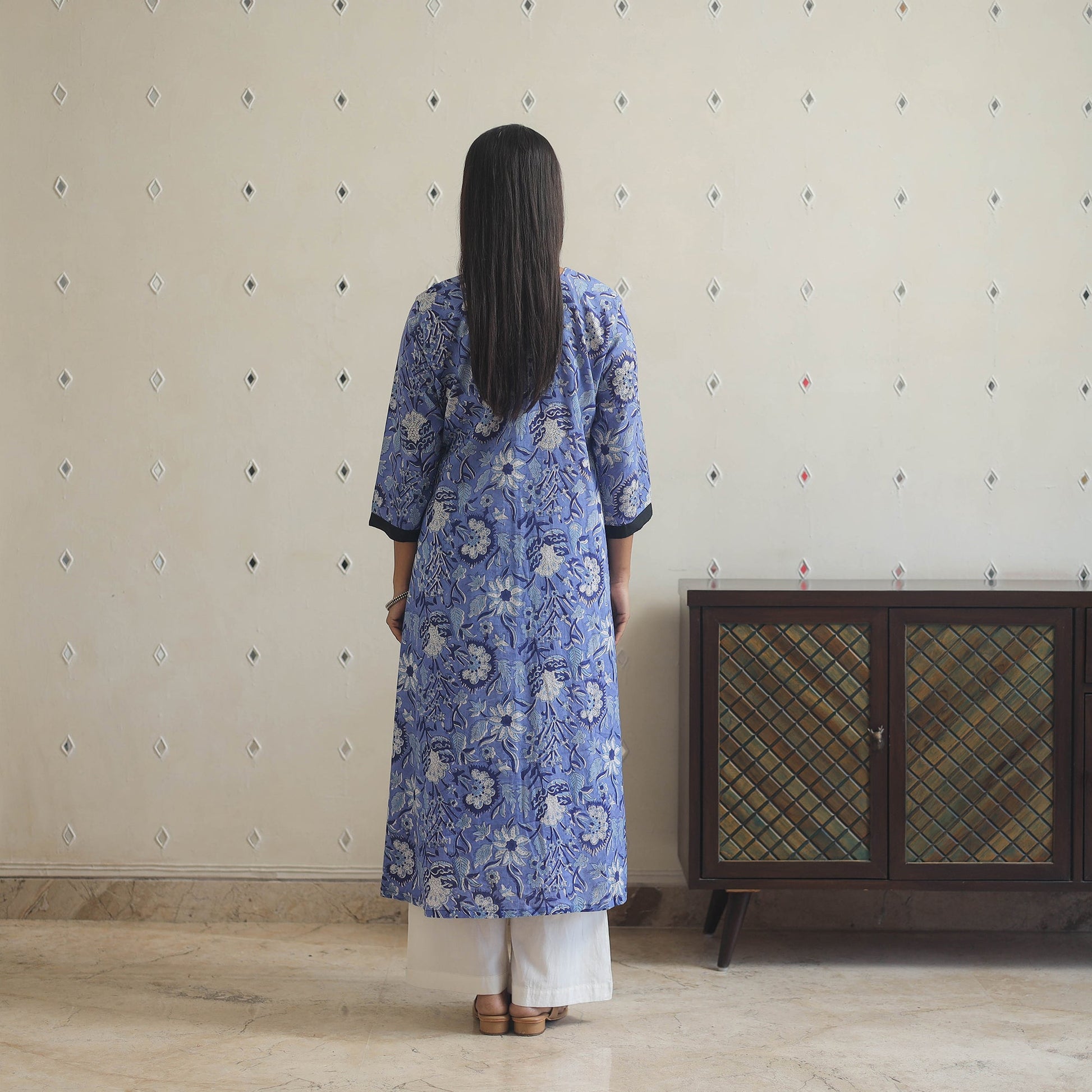 Blue - Block Print Cotton Patchwork A-Line Sanganeri Kurta 08