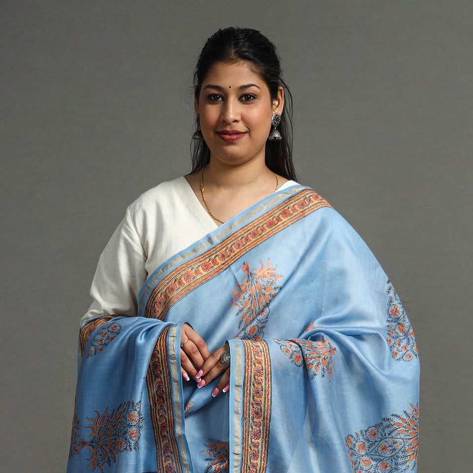 Blue - Block Printed Chanderi Silk Sanganeri Dupatta 64
