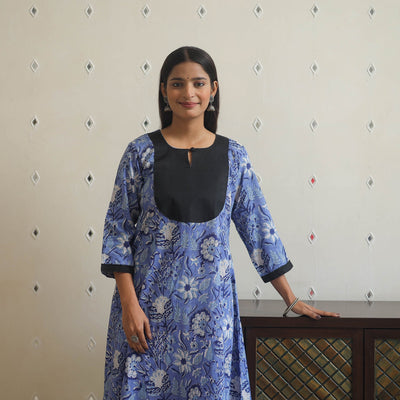 Blue - Block Print Cotton Patchwork A-Line Sanganeri Kurta 08