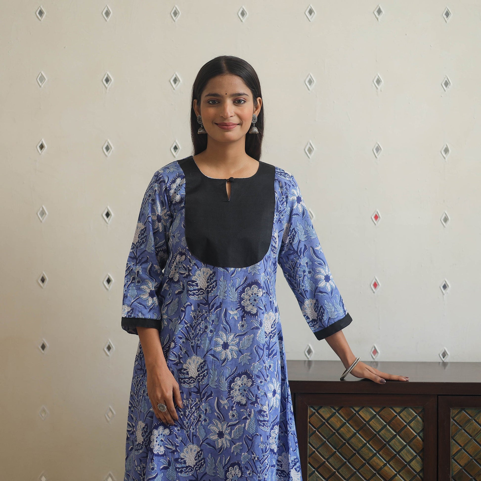 Blue - Block Print Cotton Patchwork A-Line Sanganeri Kurta 08