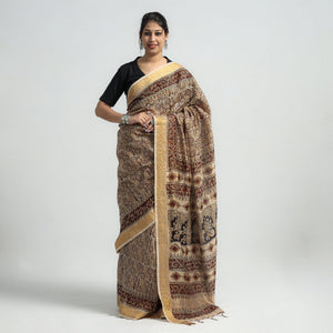Brown - Original Pedana Kalamkari Block Print Silk Saree
