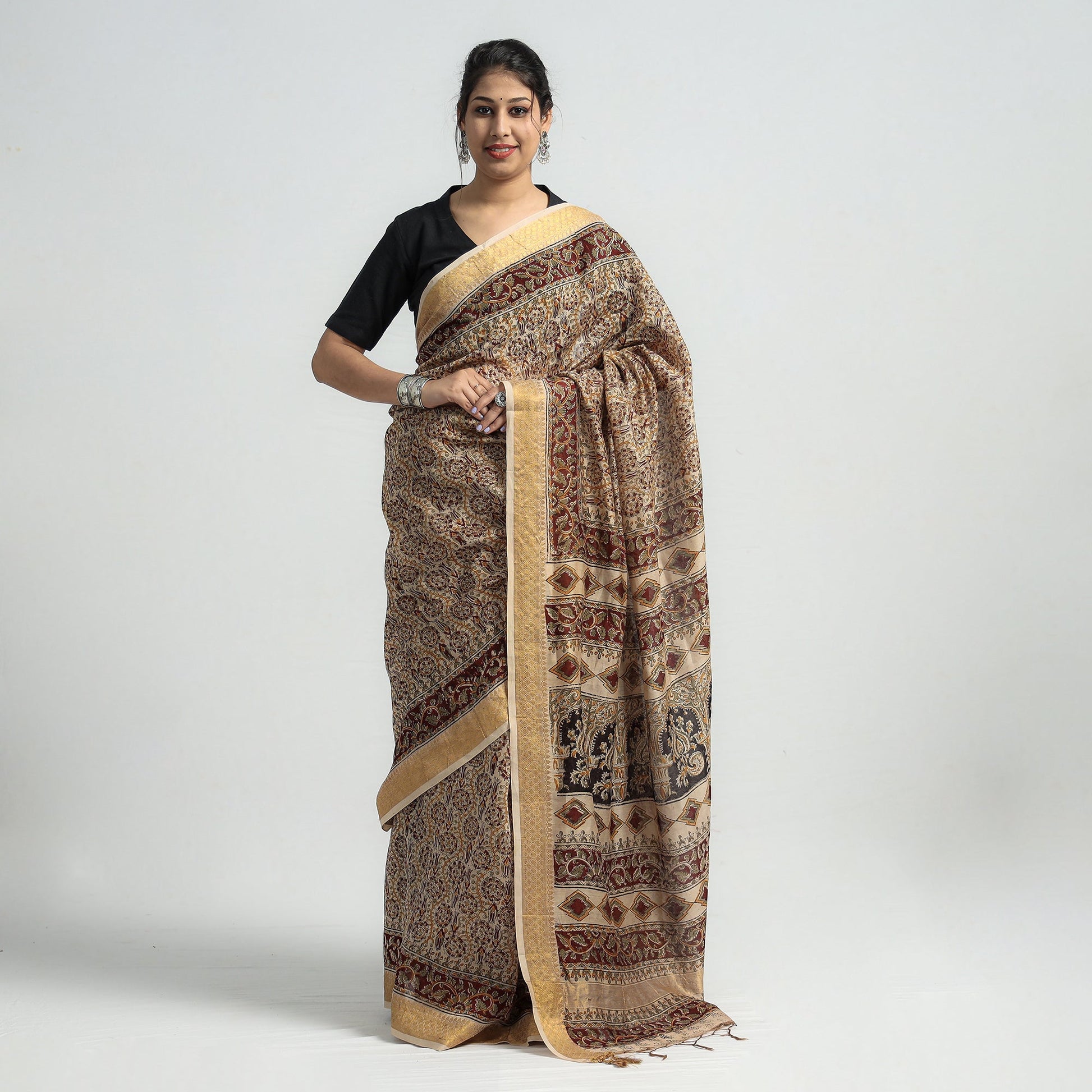 Brown - Original Pedana Kalamkari Block Print Silk Saree