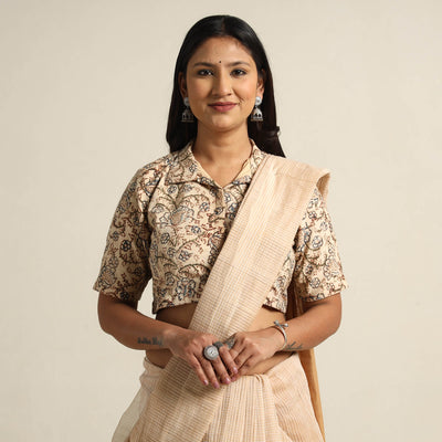 Beige - Pedana Kalamkari Block Printed Cotton Stitched Blouse 24