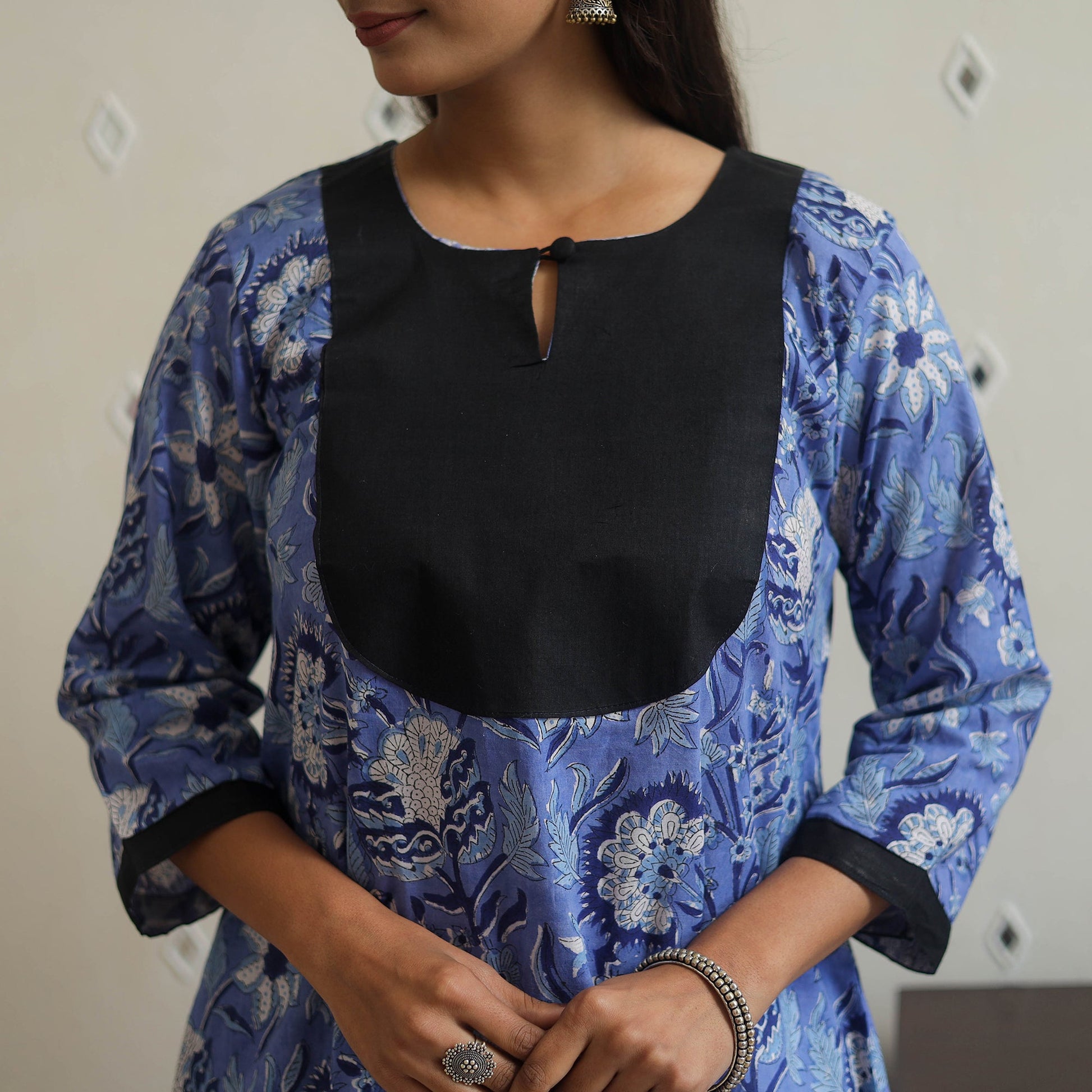 Blue - Block Print Cotton Patchwork A-Line Sanganeri Kurta 08