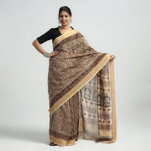Brown - Original Pedana Kalamkari Block Print Silk Saree