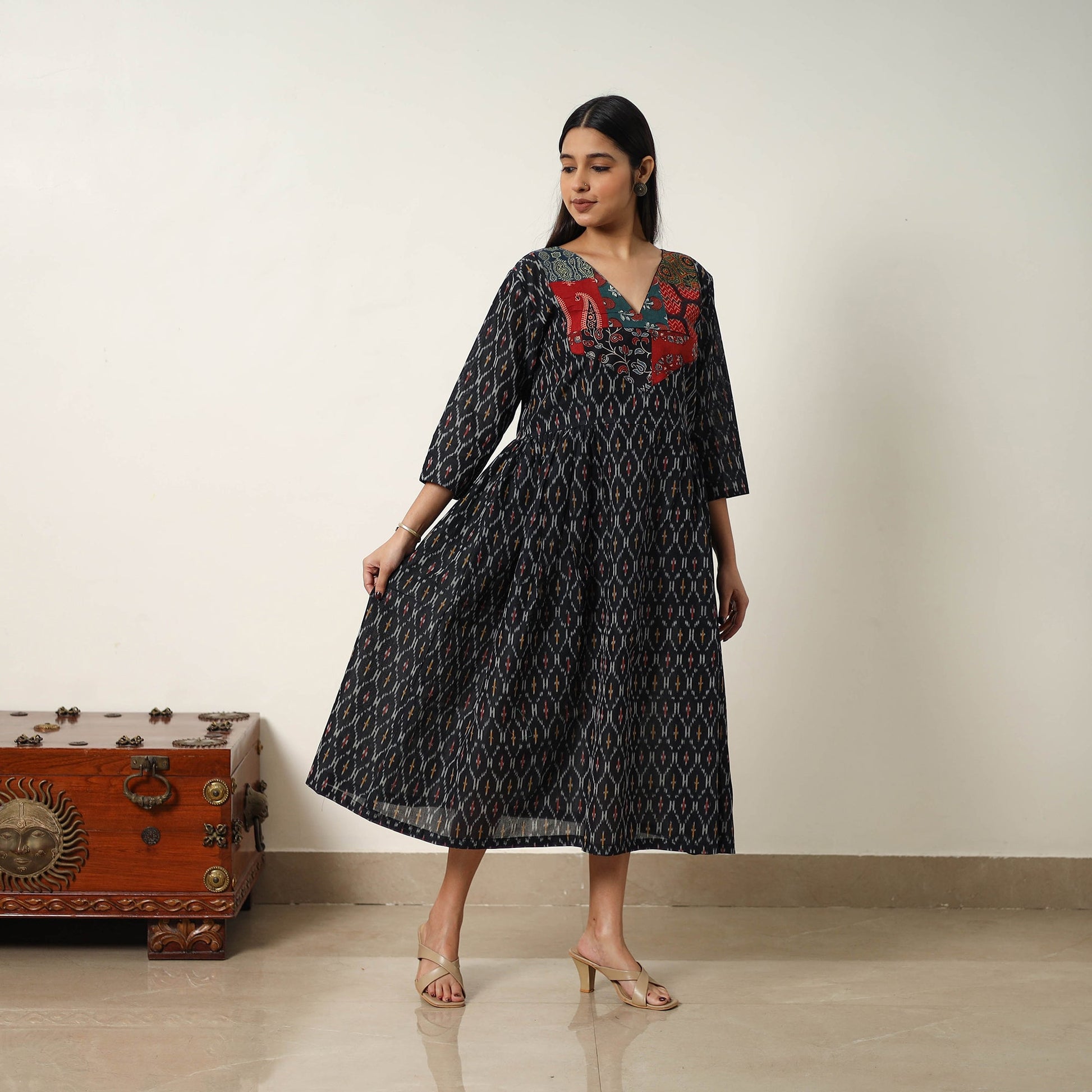 Black - Mercerized Cotton Flared Pochampally Ikat Dress 02