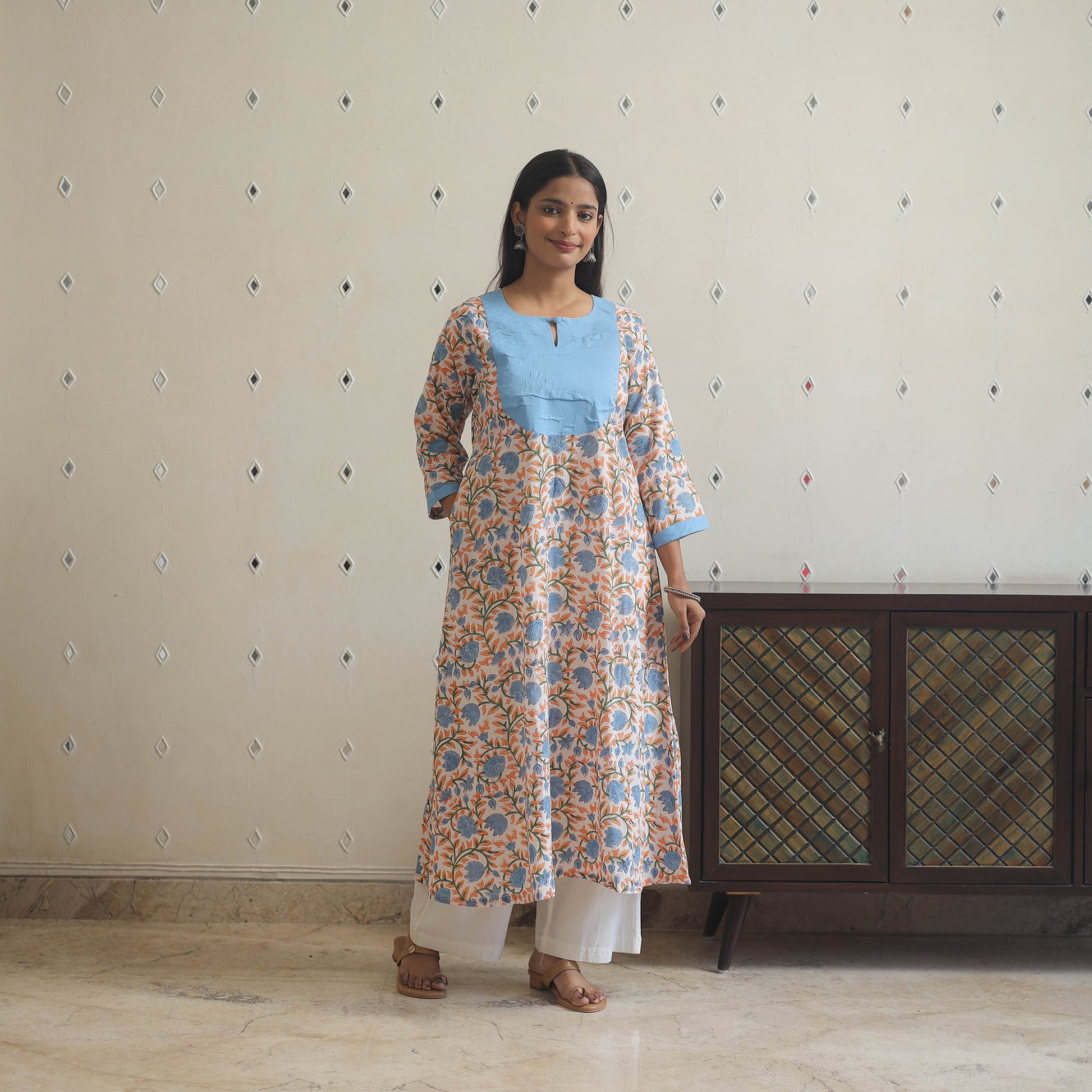 Blue - Block Print Cotton Patchwork A-Line Sanganeri Kurta 09