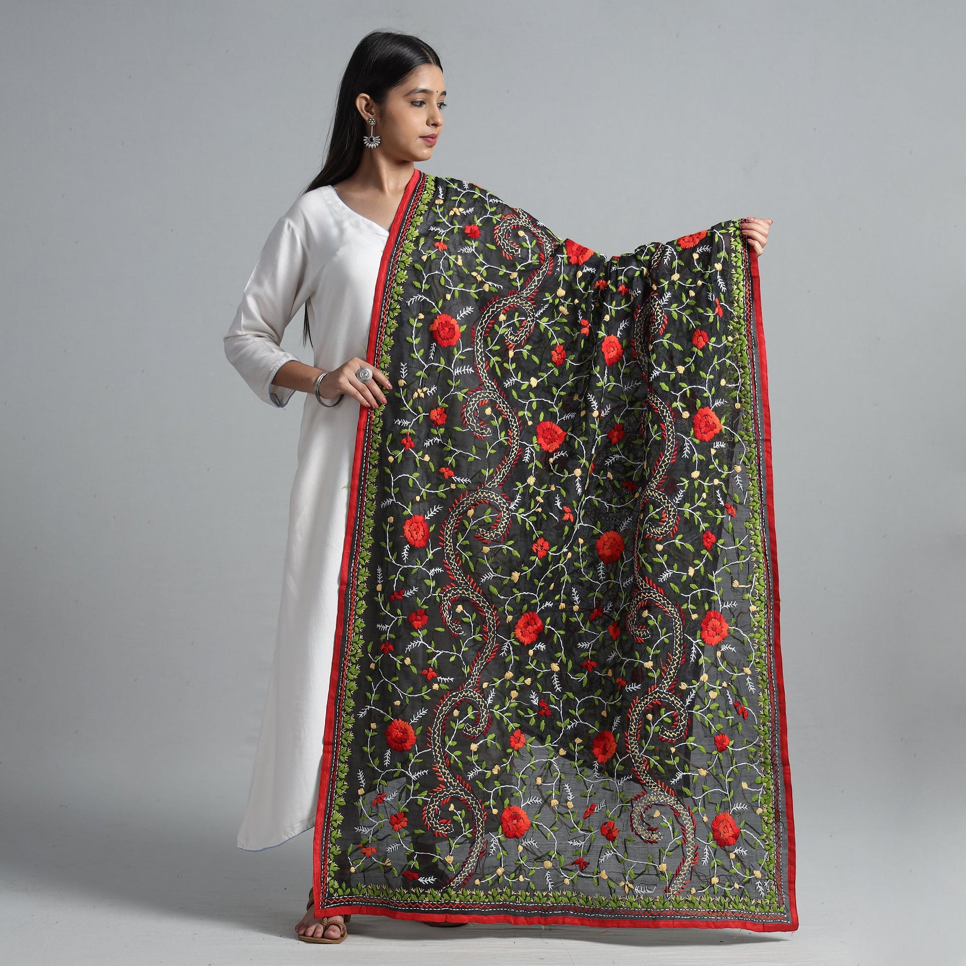 Black - Ranihati Chanderi Silk Chapa Work Phulkari Embroidered Dupatta 52