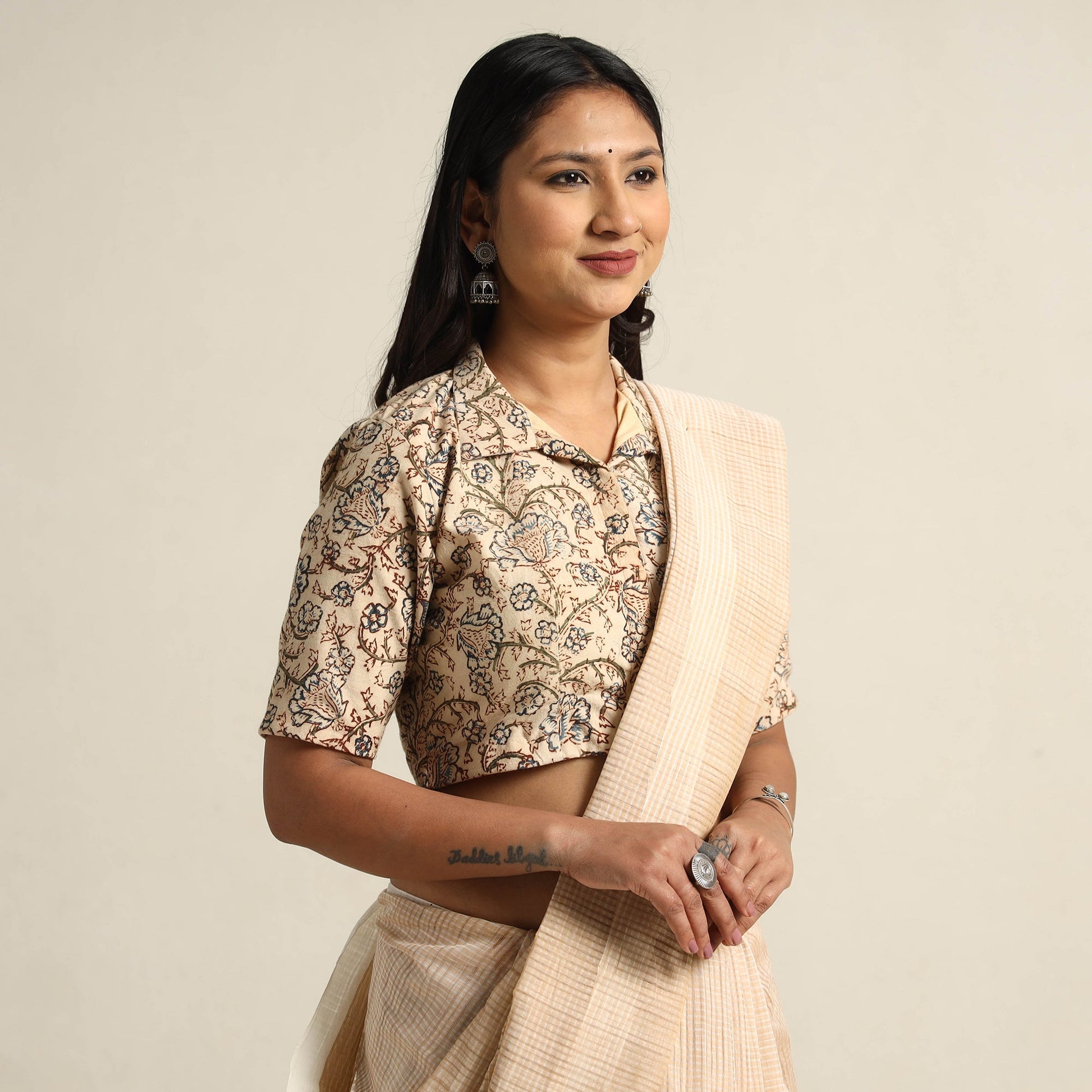 Beige - Pedana Kalamkari Block Printed Cotton Stitched Blouse 24