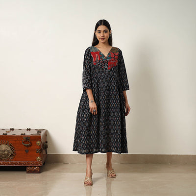 Black - Mercerized Cotton Flared Pochampally Ikat Dress 02