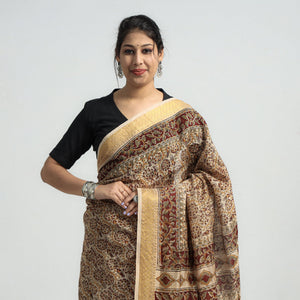 Brown - Original Pedana Kalamkari Block Print Silk Saree