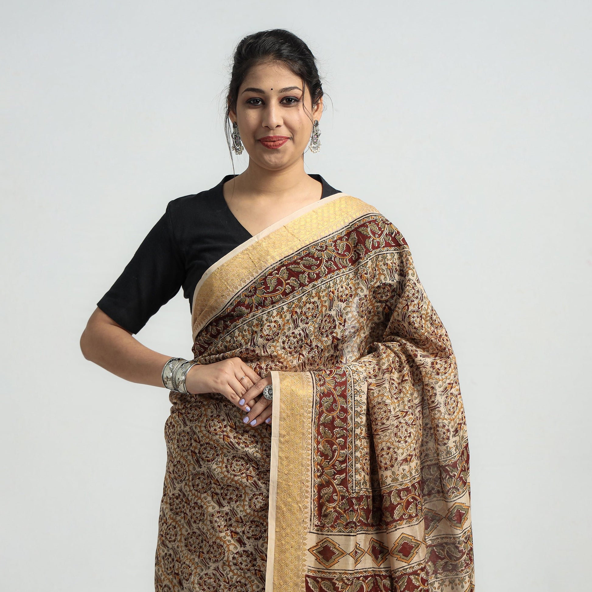 Brown - Original Pedana Kalamkari Block Print Silk Saree