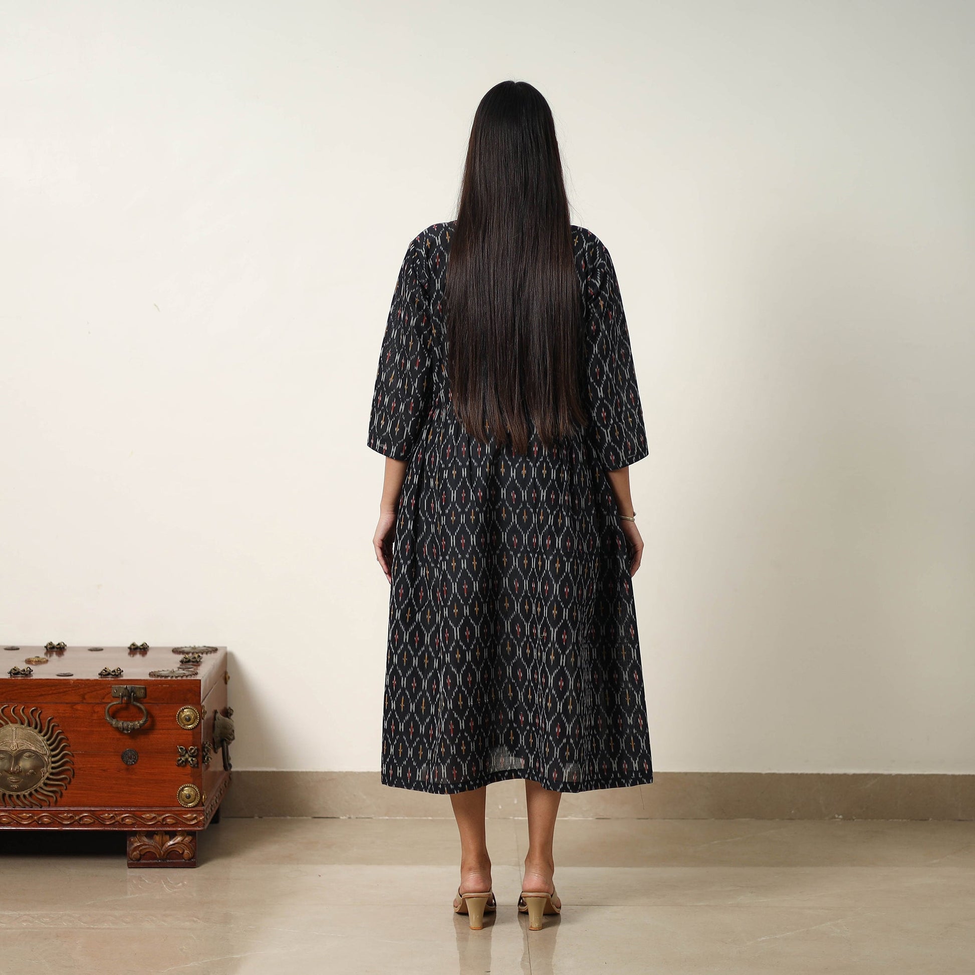 Black - Mercerized Cotton Flared Pochampally Ikat Dress 02