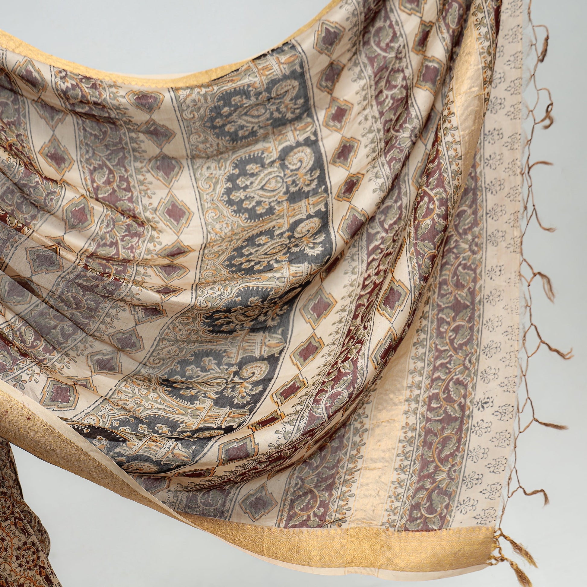 Brown - Original Pedana Kalamkari Block Print Silk Saree