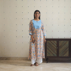 Blue - Block Print Cotton Patchwork A-Line Sanganeri Kurta 09