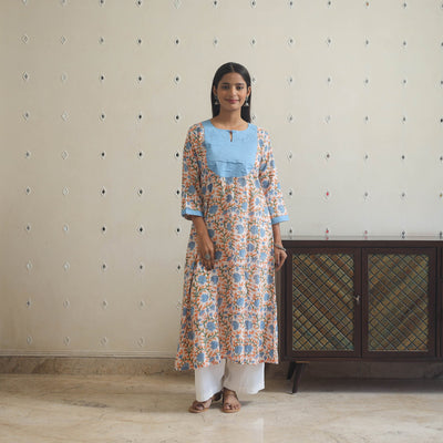 Blue - Block Print Cotton Patchwork A-Line Sanganeri Kurta 09