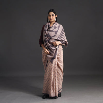 Beige - Handwoven Merino Wool Bagh Block Print Saree 02