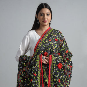 Black - Ranihati Chanderi Silk Chapa Work Phulkari Embroidered Dupatta 52