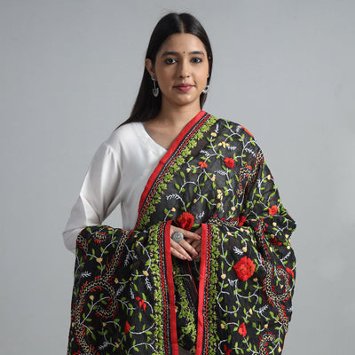 Black - Ranihati Chanderi Silk Chapa Work Phulkari Embroidered Dupatta 52