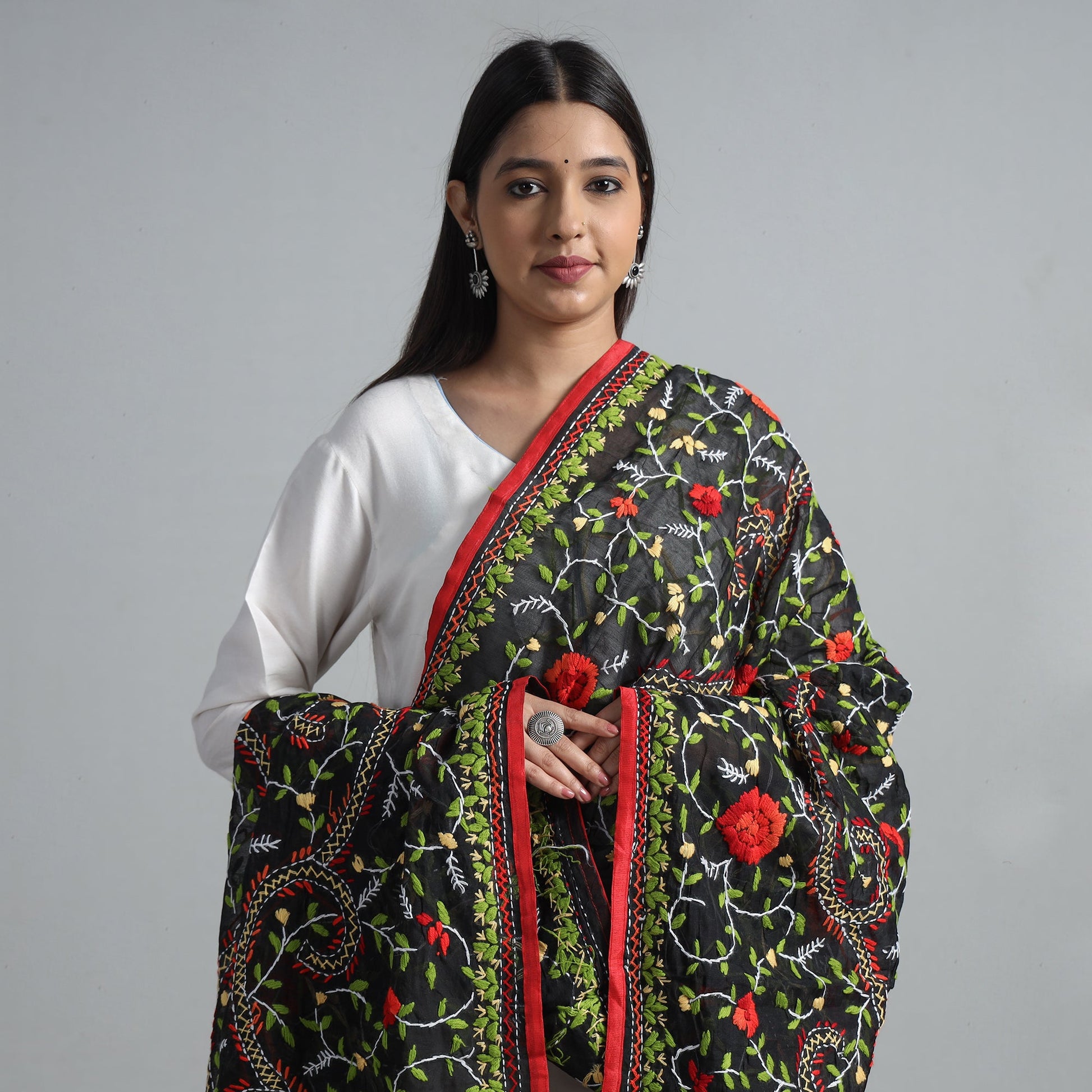 Black - Ranihati Chanderi Silk Chapa Work Phulkari Embroidered Dupatta 52