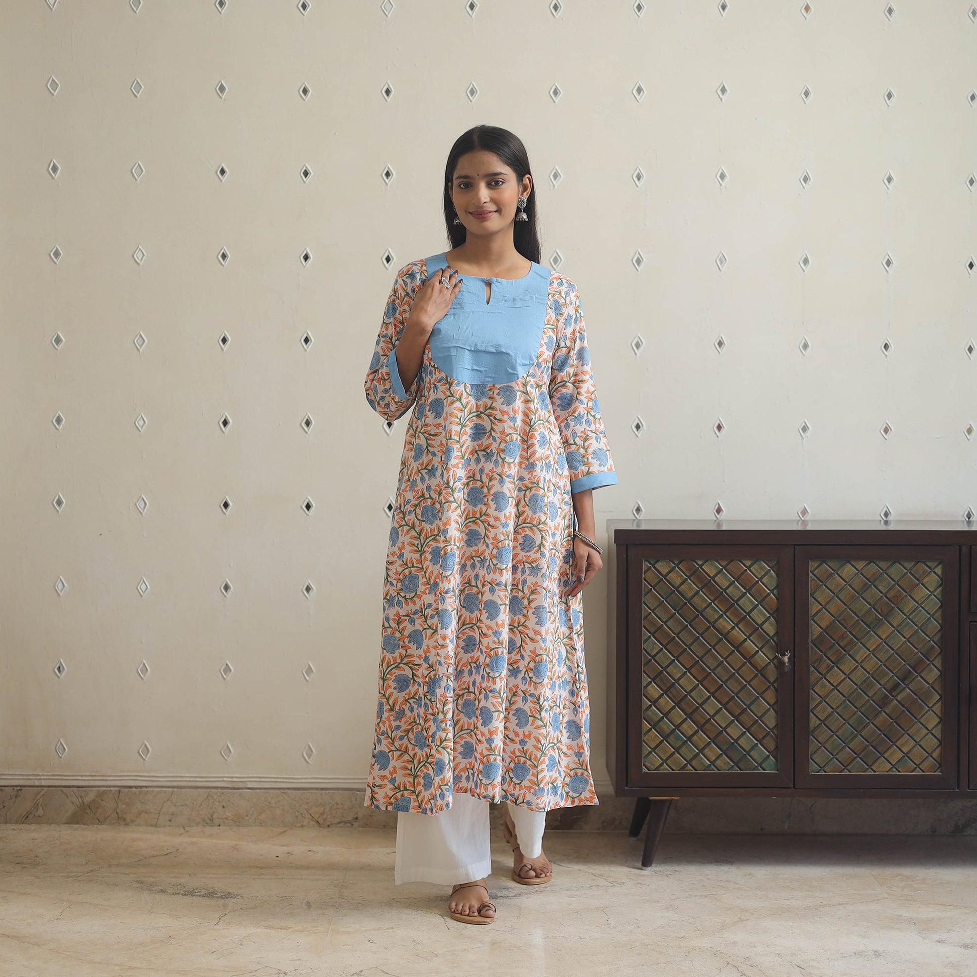 Blue - Block Print Cotton Patchwork A-Line Sanganeri Kurta 09