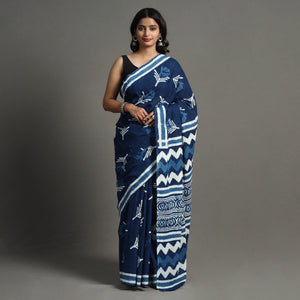 Blue - Bagru Dabu Block Printed Mul Cotton Saree