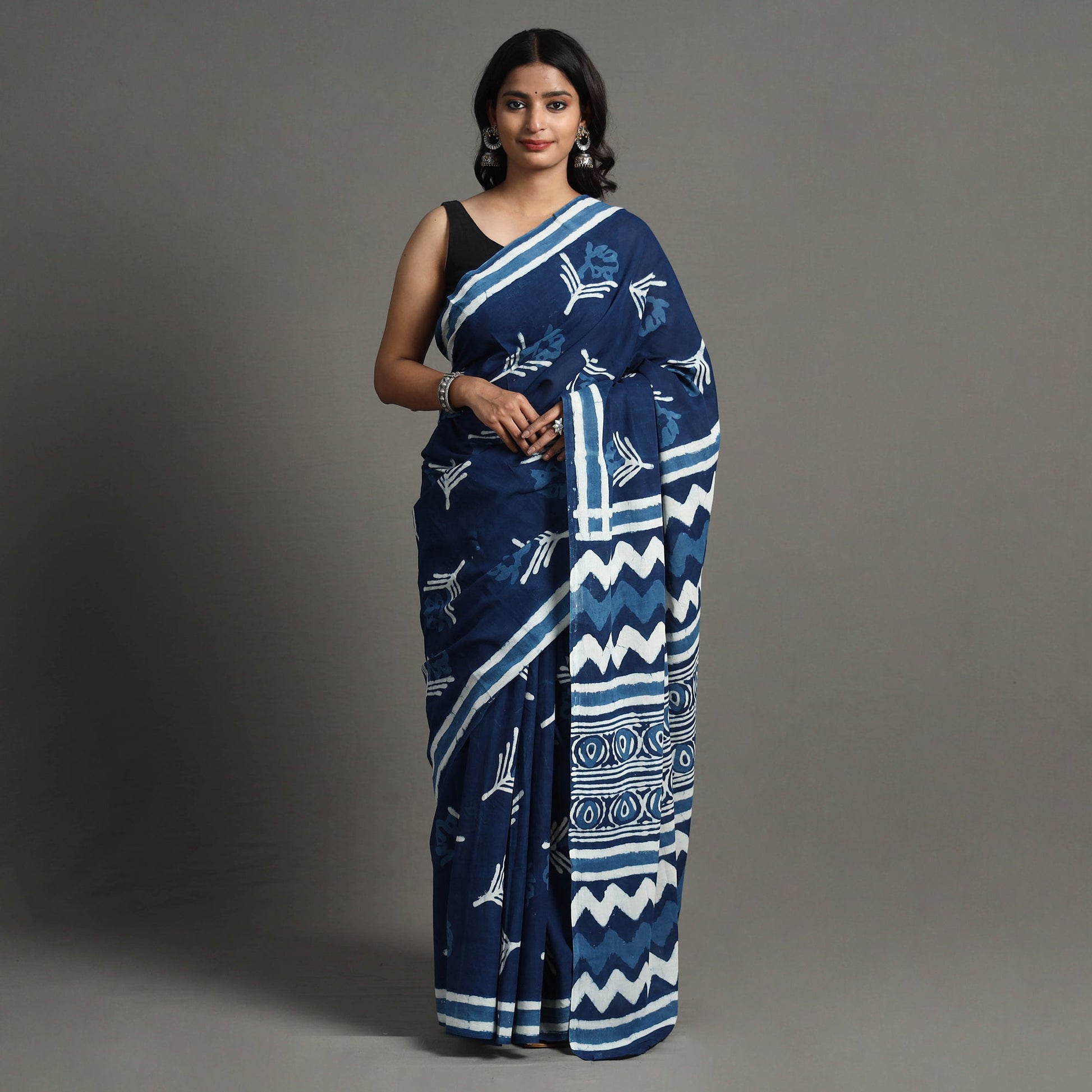 Blue - Bagru Dabu Block Printed Mul Cotton Saree