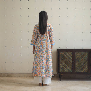 Blue - Block Print Cotton Patchwork A-Line Sanganeri Kurta 09