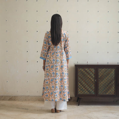 Blue - Block Print Cotton Patchwork A-Line Sanganeri Kurta 09