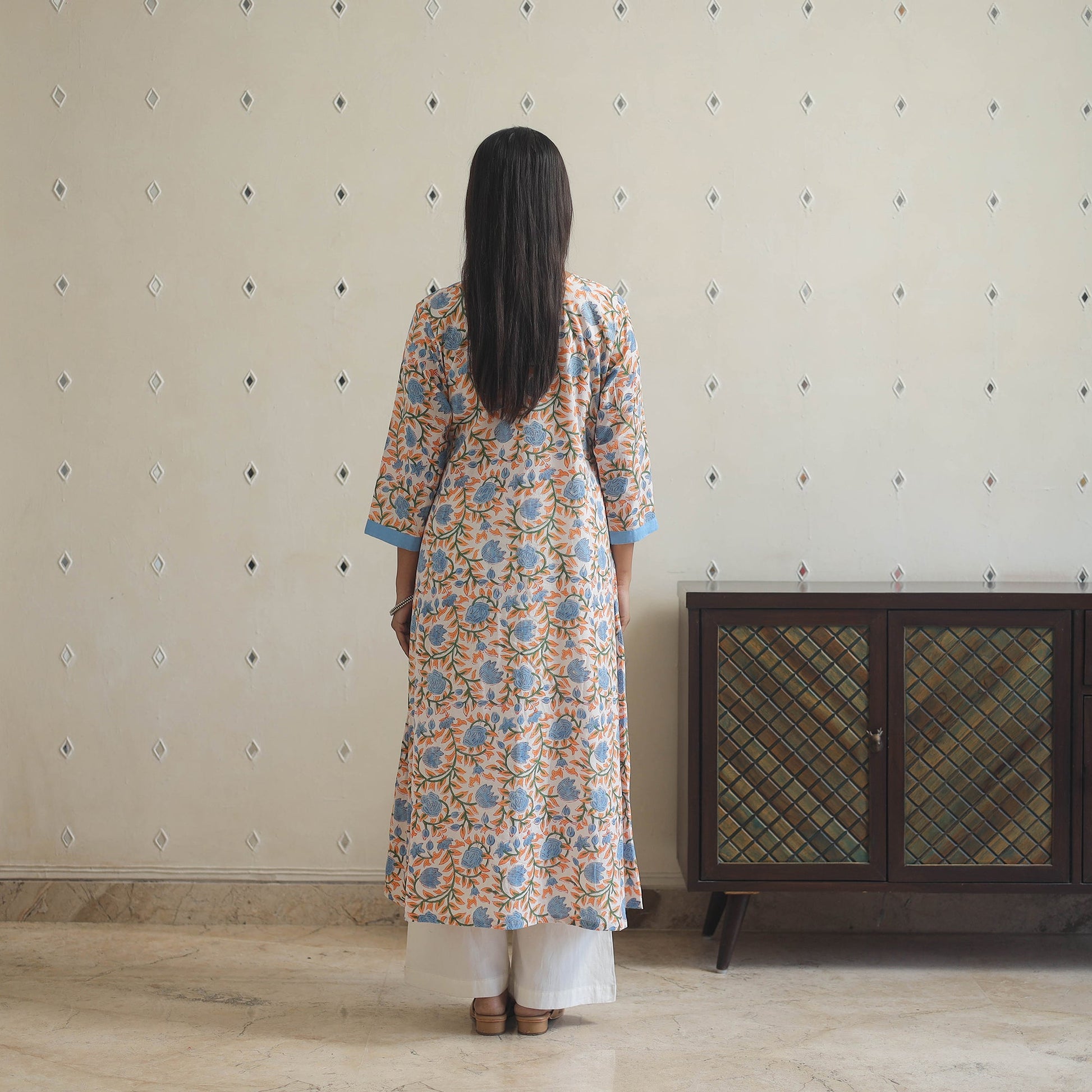 Blue - Block Print Cotton Patchwork A-Line Sanganeri Kurta 09