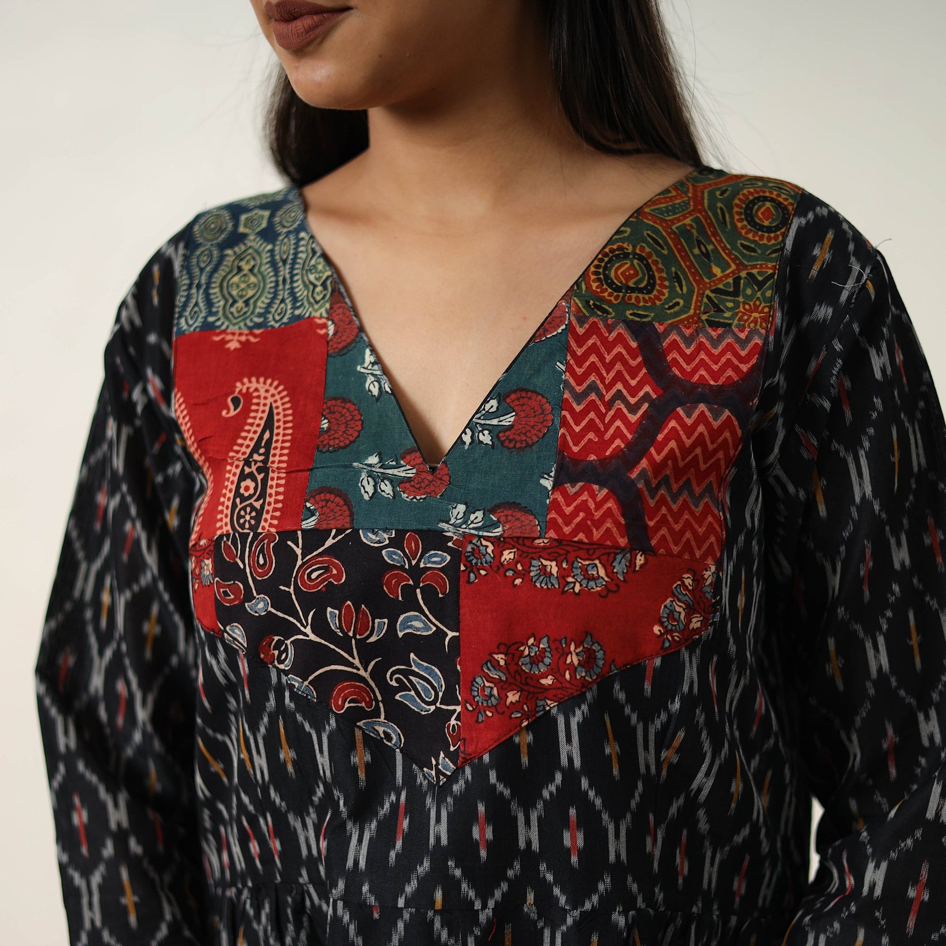 Black - Mercerized Cotton Flared Pochampally Ikat Dress 02