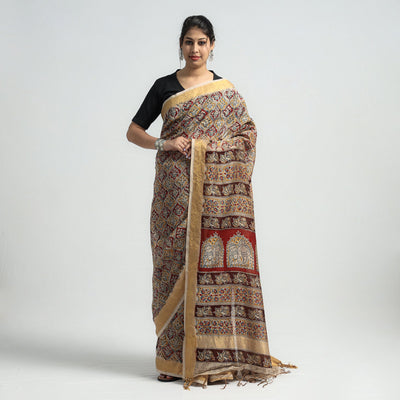 Brown - Original Pedana Kalamkari Block Print Silk Saree