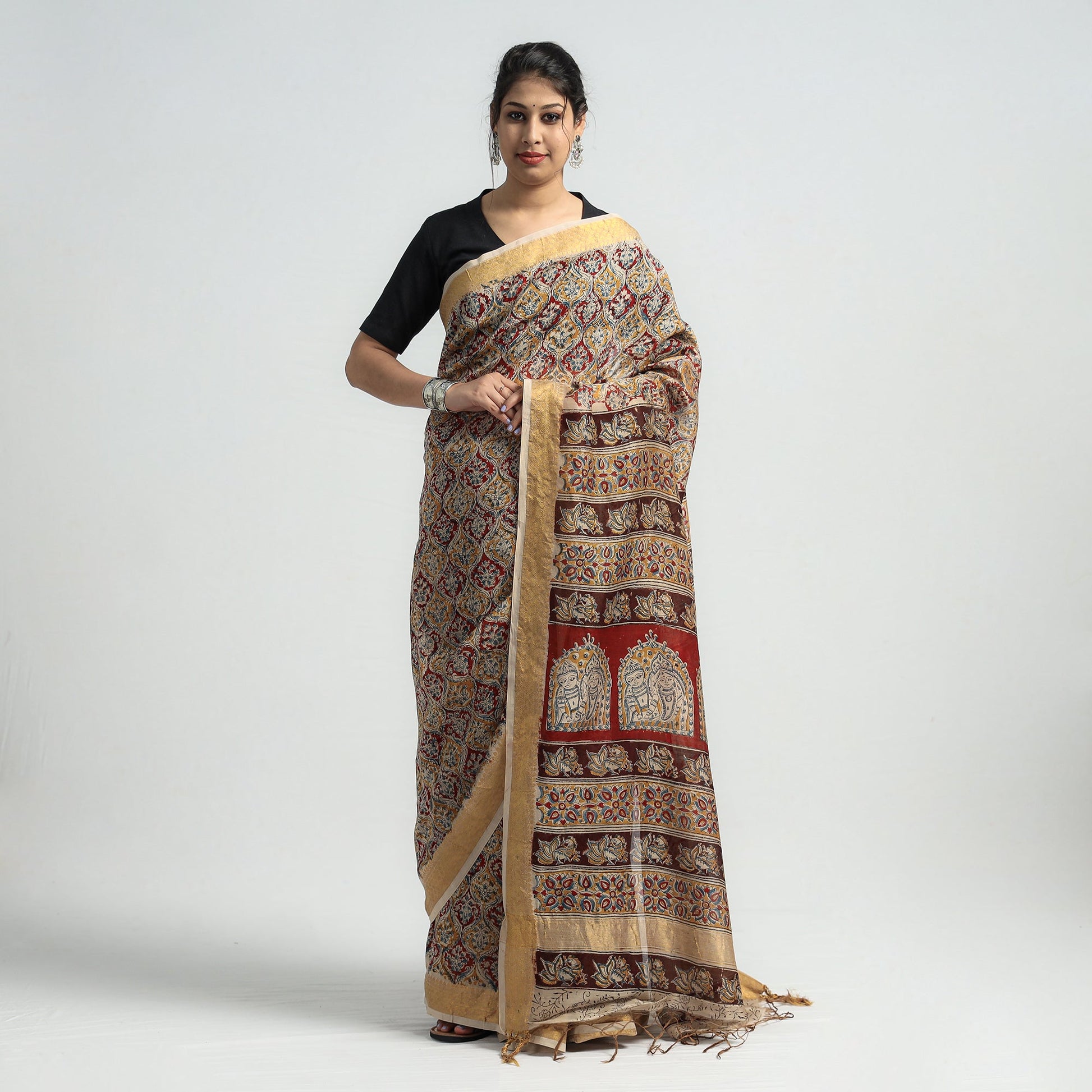Brown - Original Pedana Kalamkari Block Print Silk Saree