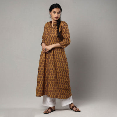 Brown - Block Print Cotton A-Line Bagh Kurta